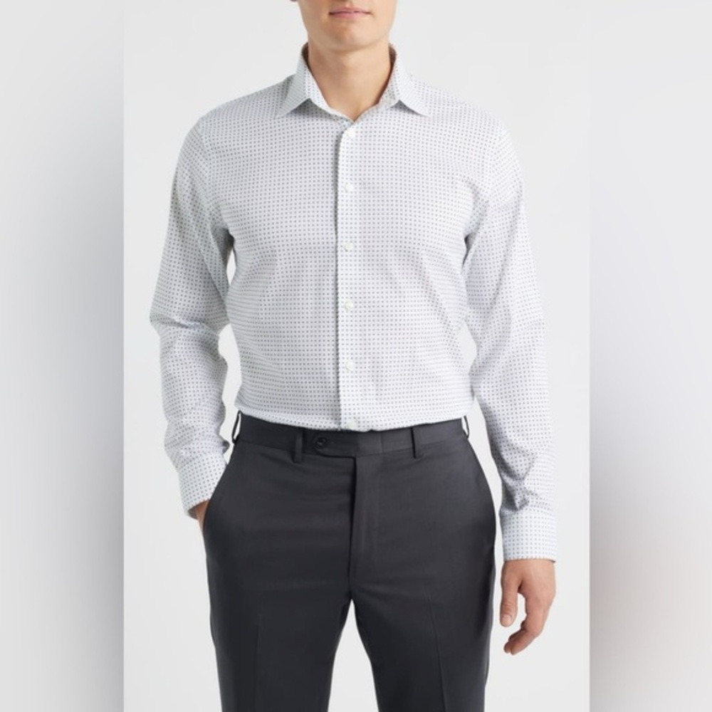 Nordstrom Geometric Blue Design Mens Button Down Trim Fit size 16 Shirt